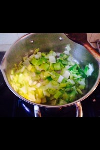 Sautéing the green and white parts of the leeks together, gives the finished soup a beautiful, finished colour.