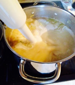 An immersion blender is quick and allows you to control the texture of the soup.