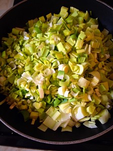 Bright green, uncooked leeks. They fill the pan!!