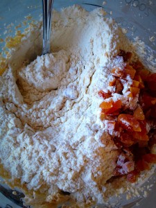 Placing the chopped apricots in top of the flour helps to stop them all clumping together.