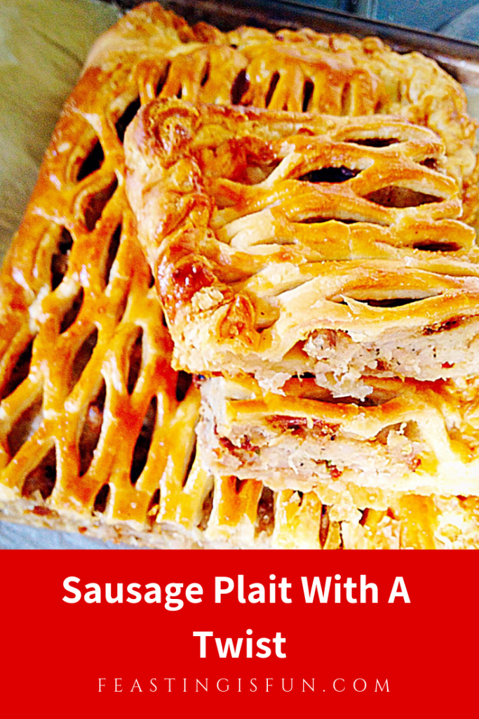 Pinterest sized image of sliced sausage plait with descriptive graphics.