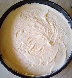 Add the cheesecake mixture to the top of the biscuit crust and smooth.