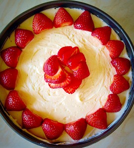 Arrange your strawberries in a pretty pattern, or just tumble them on top - it's your cheesecake!!