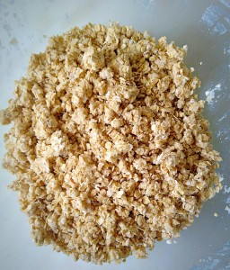 Using your fingers rub the buttery shortbread dough through the oats until you have an even crumble mix.