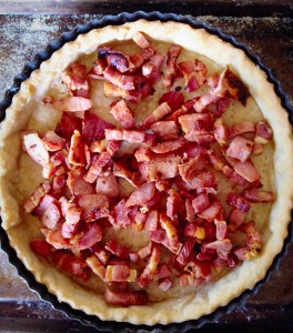 Sprinkle the cooked bacon evenly over the pastry base.