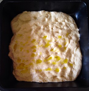 Using your fingers spread the Focaccia dough so it covers the base of the pan evenly. Drizzle a little Olive oil over.