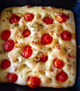 Remove your Tomato Thyme Garlic Focaccia Bread from the oven when it is golden all over.