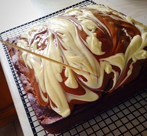 Malted Marbled Chocolate Cake - use a skewer to swirl the two chocolates together.