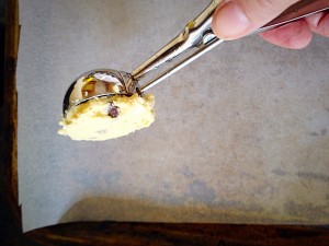I used a 2" ice cream scoop to measure out identical scoops of cookie dough.