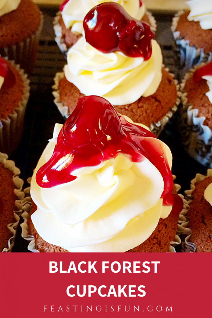 Pinterest sized image of Black Forest Cupcakes with descriptive graphics.