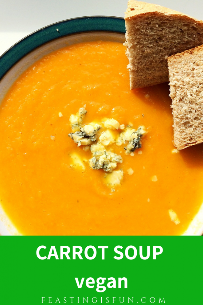 Pinterest sized image of carrot soup with descriptive graphics.
