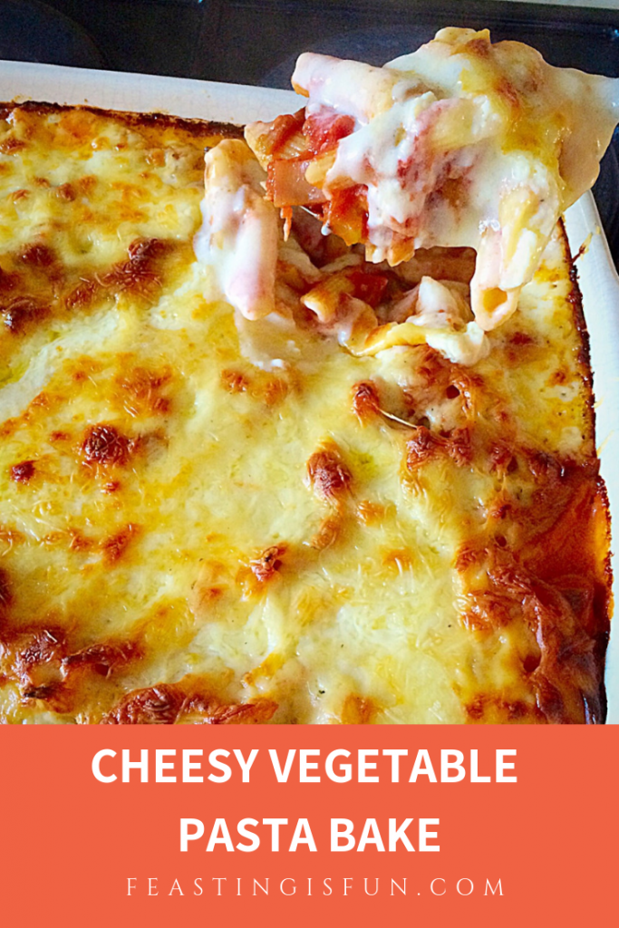 Pinterest sized image of vegetarian pasta bake with descriptive graphics.
