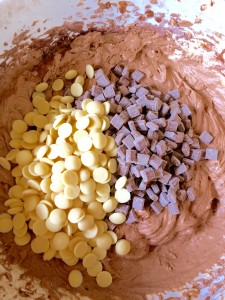Add in 100g/4oz of both the white and milk chocolate. Fold gently into the batter.