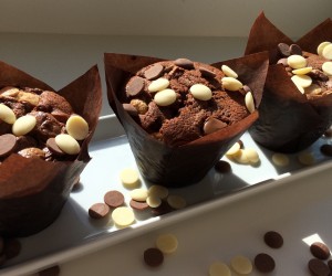 Chocolate Madness Muffins maxing out chocolate mayhem! www.feastingisfun.com