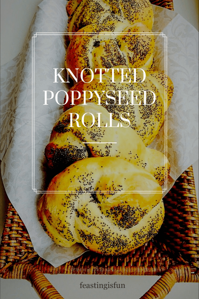 Knotted white poppyseed rolls with a descriptive overlay.