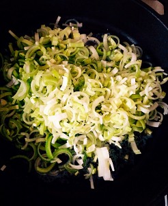 Sauté the shredded leek for 5 minutes until tender and cooked.