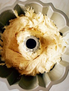 Half full the Bundt pan with the cake batter.