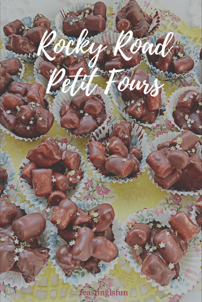 Rocky road petit fours with overplayed descriptive text and sized for Pinterest.