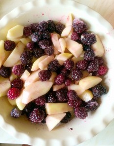 Delicious pear and frozen blackberries.