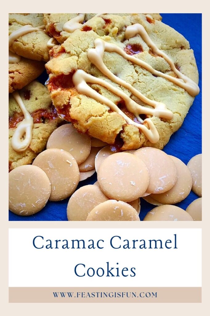 Caramac caramel cookies Pinterest image with descriptive graphics.