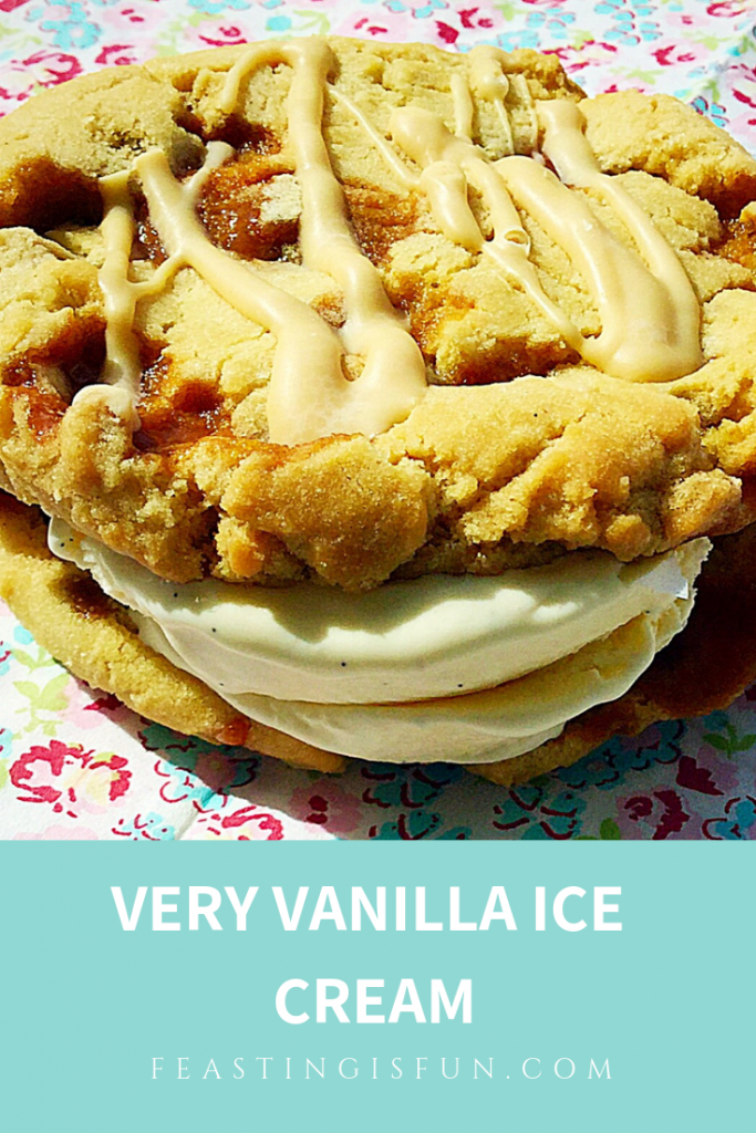 Two cookies sandwiched together with vanilla ice cream