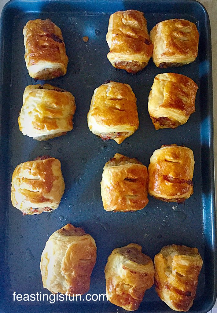 Golden, flaky, hot Spicy Sausage Rolls fresh from the oven.