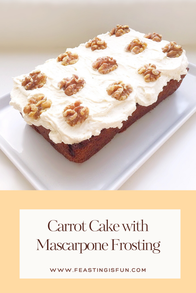 Carrot cake image for Pinterest with descriptive graphics.