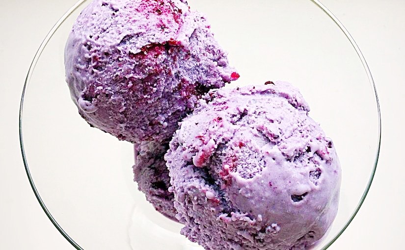 Close up of Blueberry Bloom Gin Ice Cream scoops