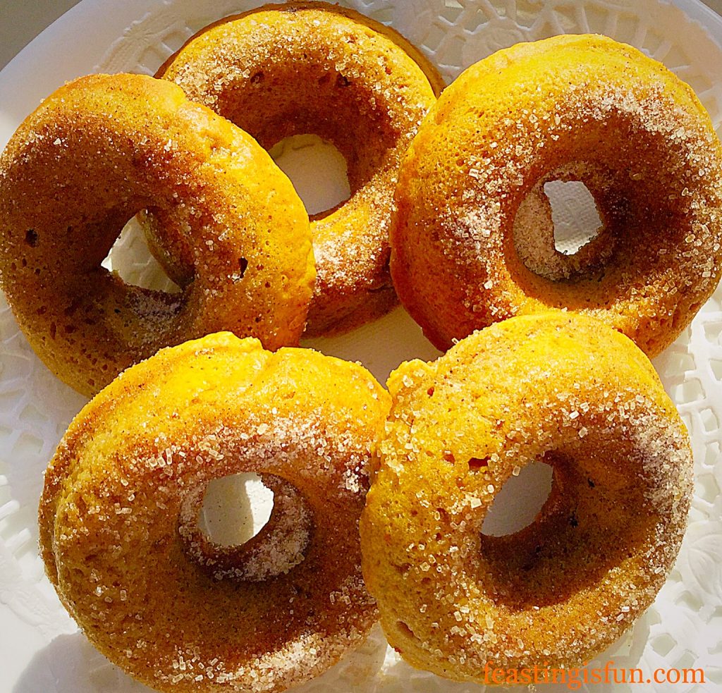 Baked pumpkin donuts close up for recipe header.