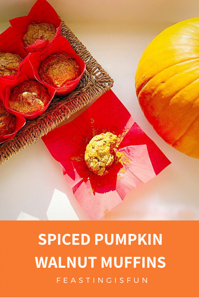 Image showing partially eaten muffin with a pumpkin and basket of spiced pumpkin muffins. Sized for Pinterest with descriptive graphics.
