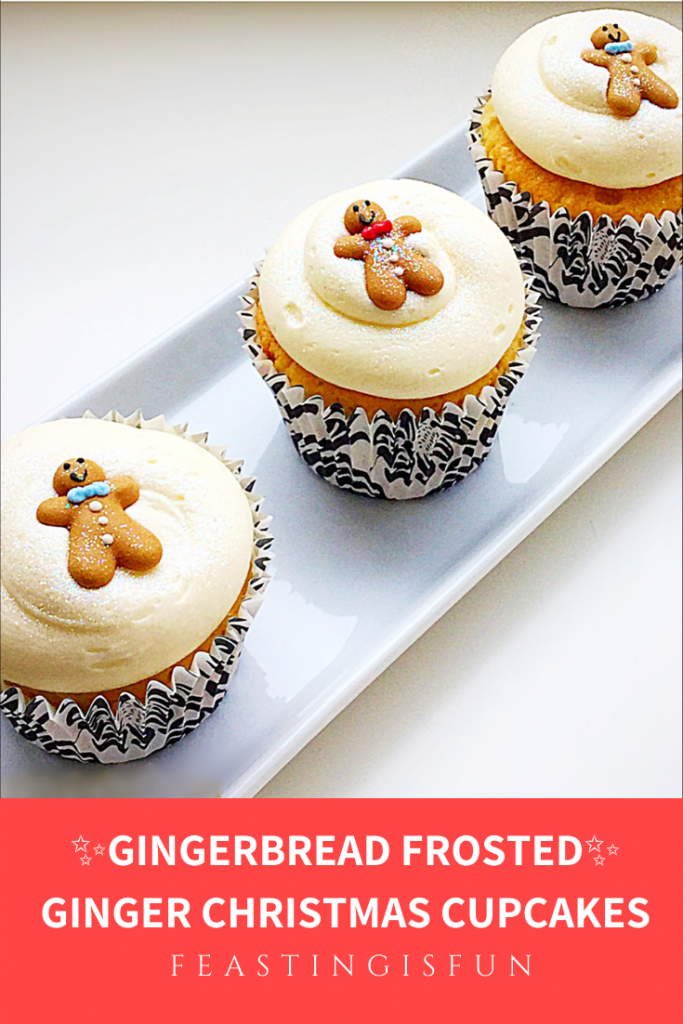 Individual spiced cakes baked for the festive season, topped with spiced, whipped buttercream and a small decoration associated with the holidays. Sized for Pinterest with descriptive graphics.