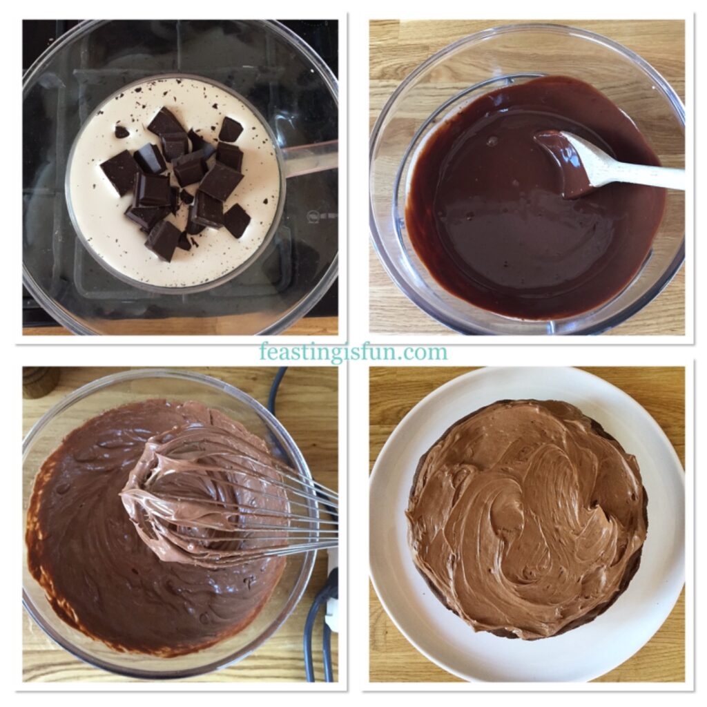 Four images showing the process of making chocolate ganache and using it to decorate a chocolate cake.