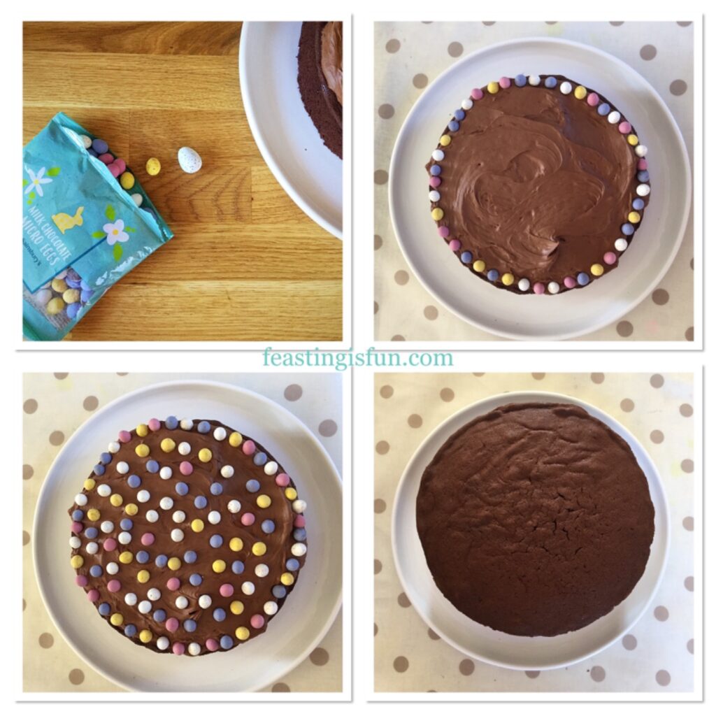 Four images showing how to decorate an Easter cake.