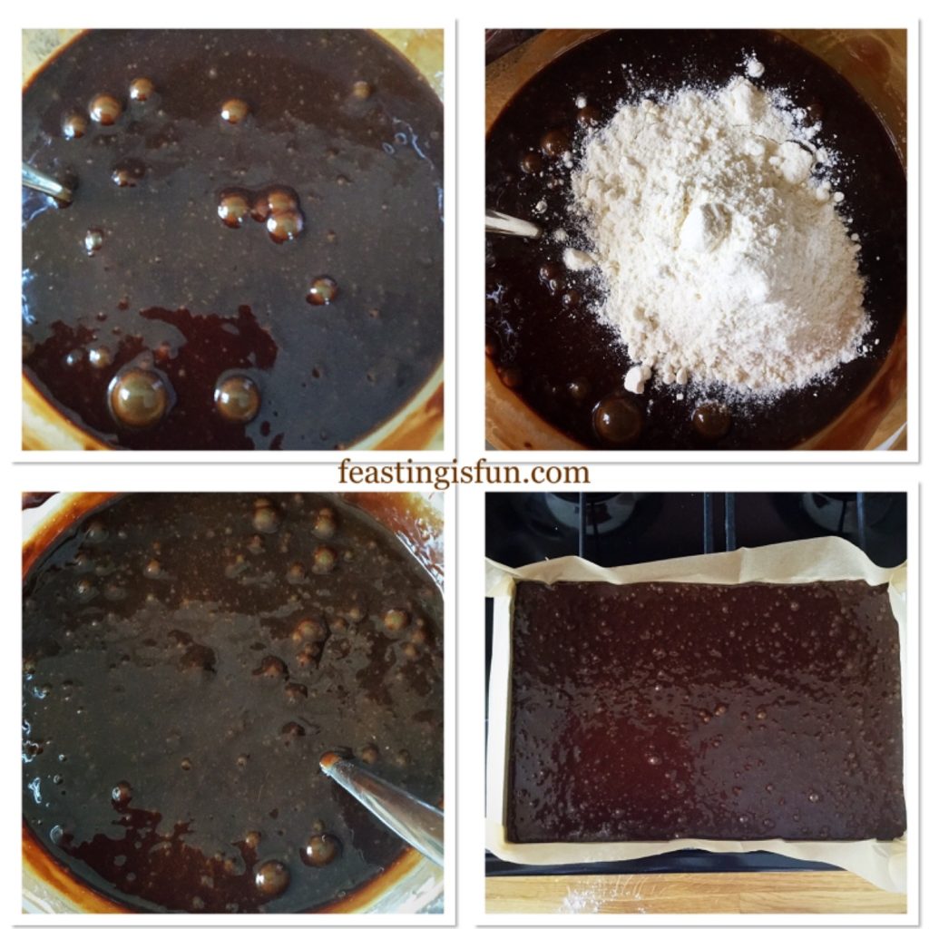 Four images showing the wet and dry mix combination and then pouring the brownie mix into the baking tin. 