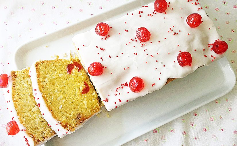 Iced Cherry Coconut Loaf Cake