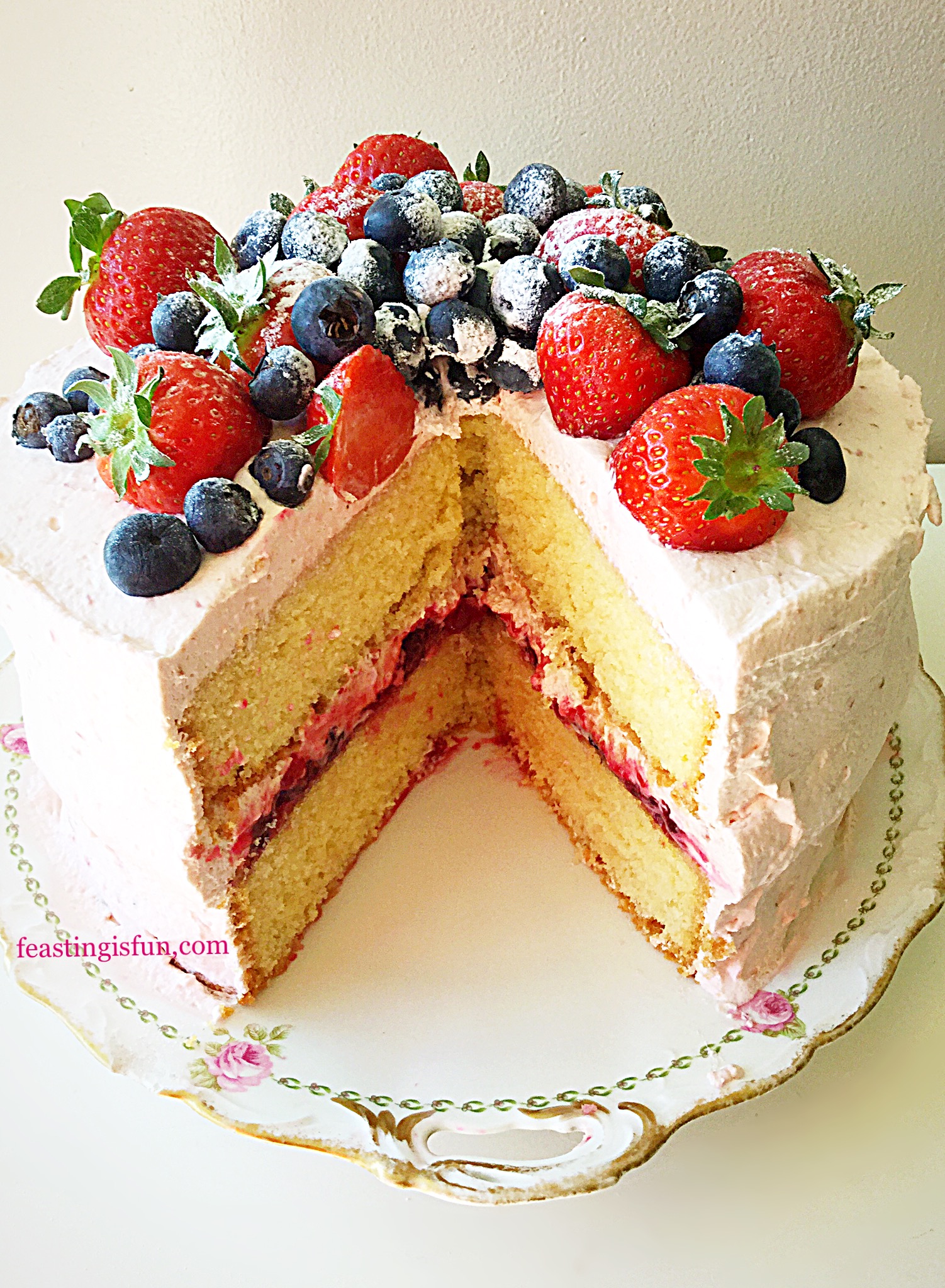 Summer Mixed Berry Sponge Cake - Feasting Is Fun