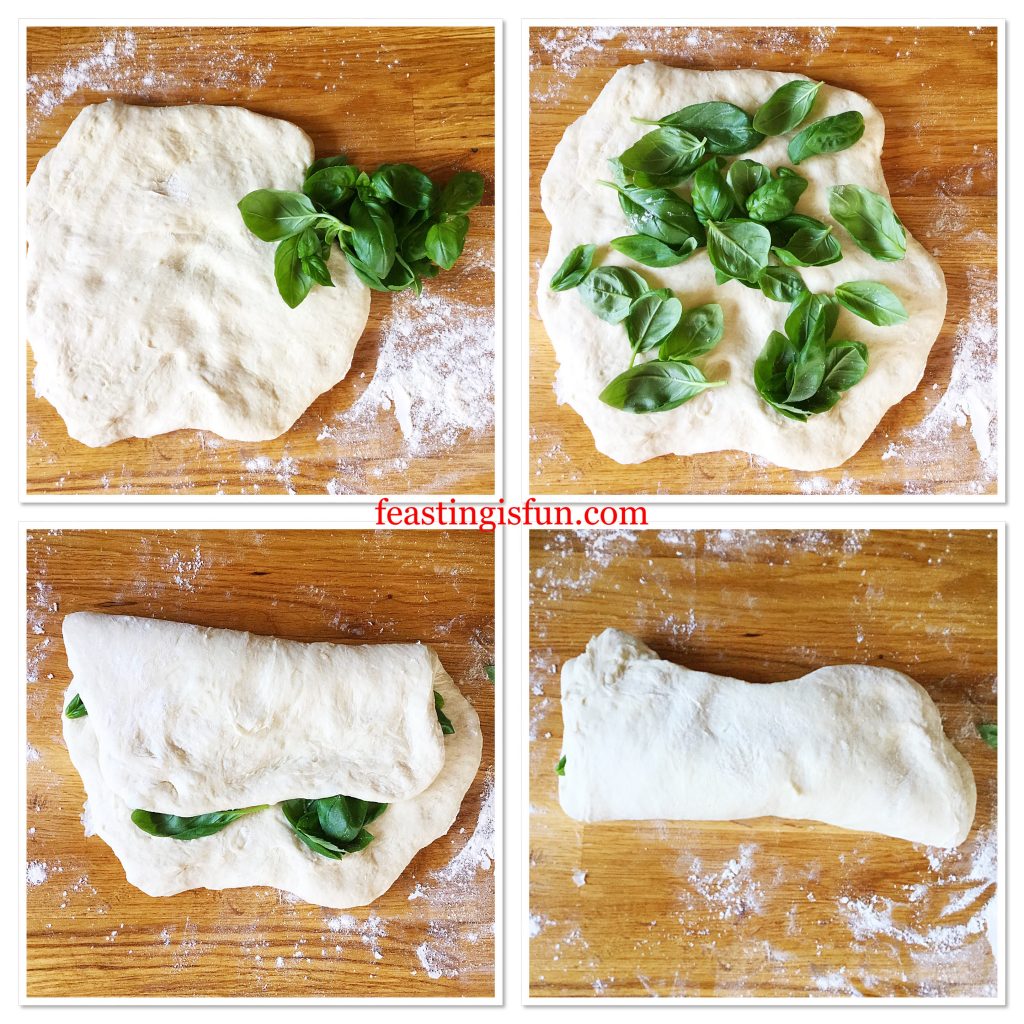 Detailed images showing fresh basil being folded into bread dough