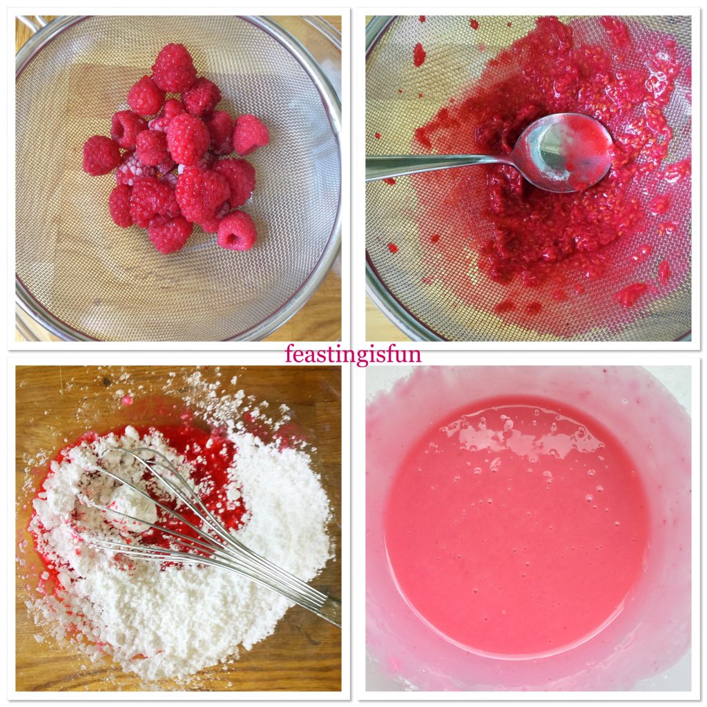 Four images showing the making of a fresh fruit icing.