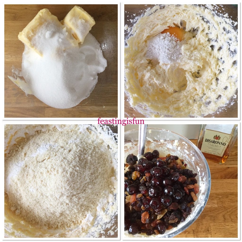 Showing the stages followed to create the fruity batter.