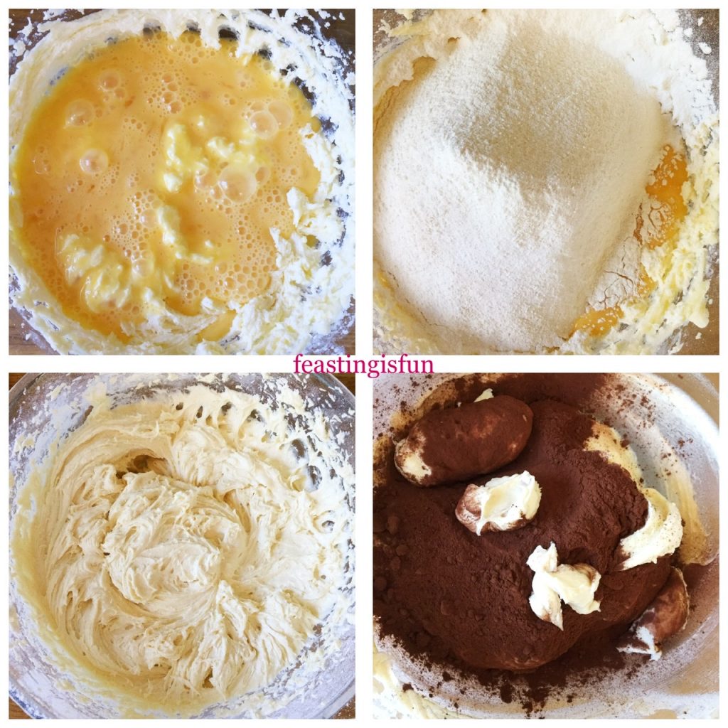 Making vanilla and chocolate cake batter.