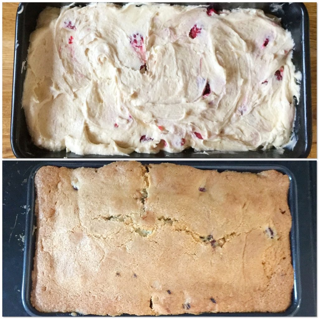 The raspberry white chocolate loaf cake before and after baking.