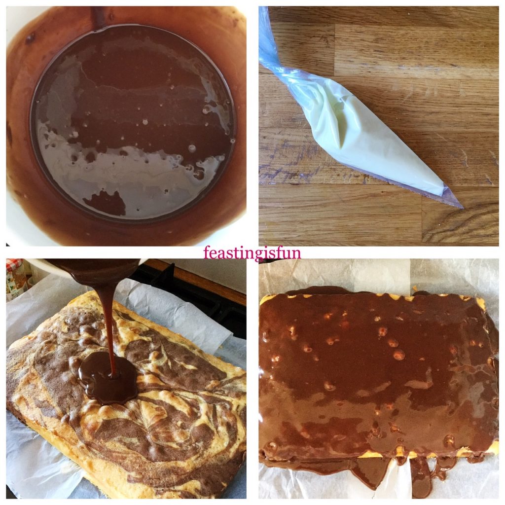 Covering a cake with chocolate ganache.