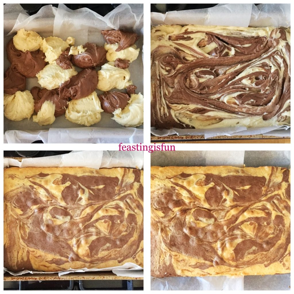 Creating a chocolate and vanilla marbled traybake cake.