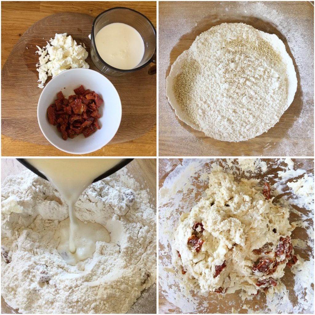 Four steps to making feta sun dried tomato soda bread dough.