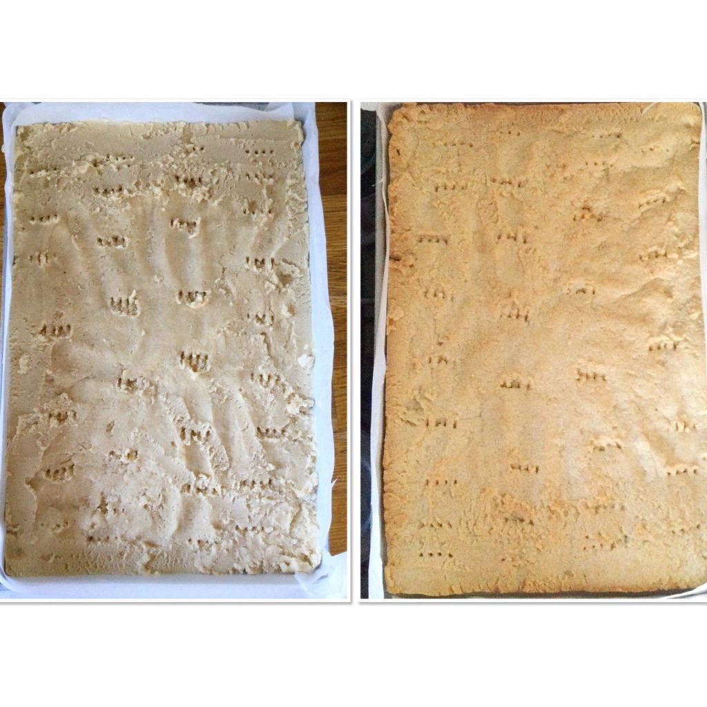 Pre and post baked shortbread base for the mini egg millionaires shortbread squares.
