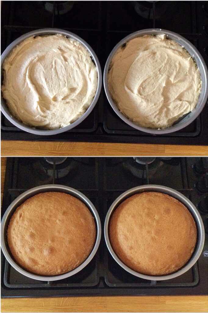 Before and after baking a coffee sponge.