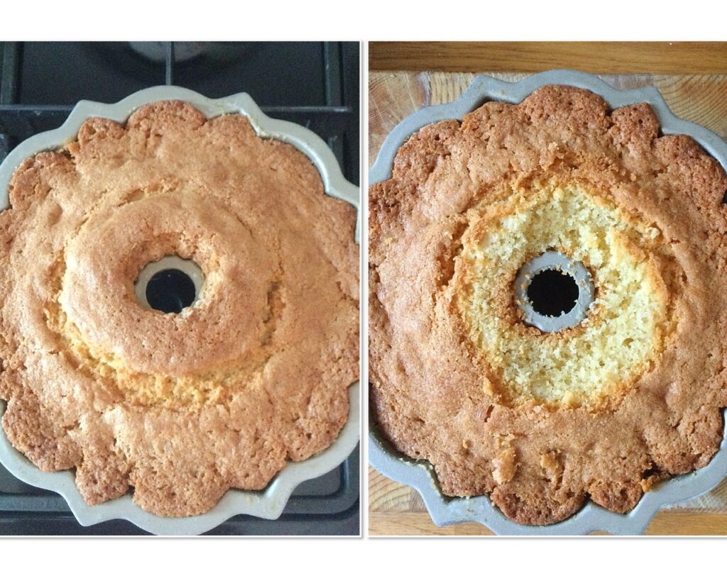 Baked Bundt cake, in the pan, before and after trimming excess cake, to ensure an even release from the pan.