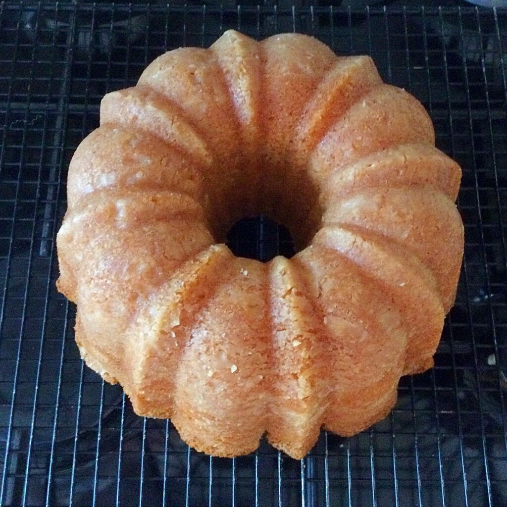 A vanilla Bundt cake using the Anniversary Bundt pan.