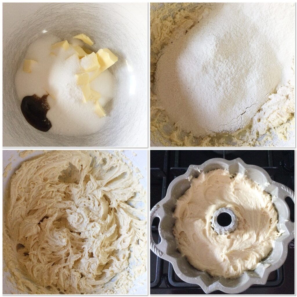Showing the stages of making cake batter and filling a Bundt pan.