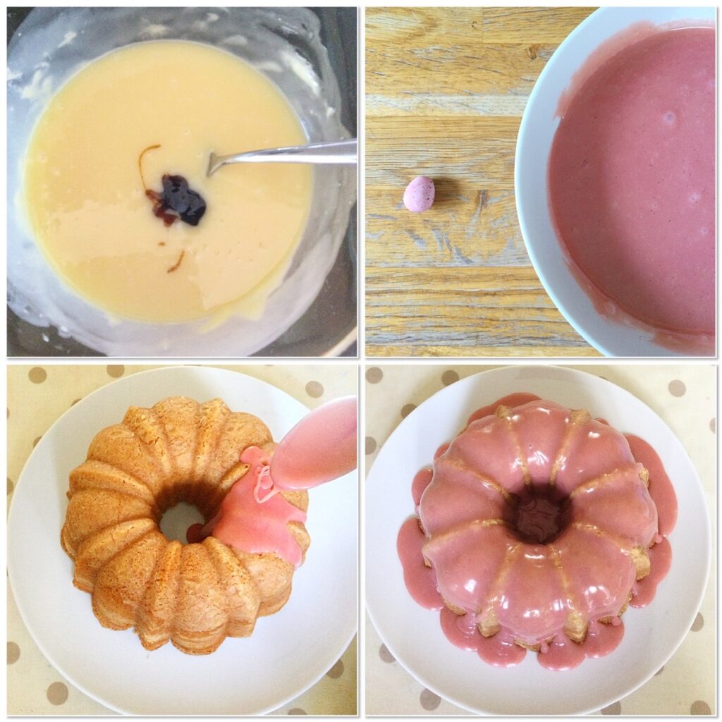 Colouring white chocolate ganache and using it to drizzle over a Bundt cake.